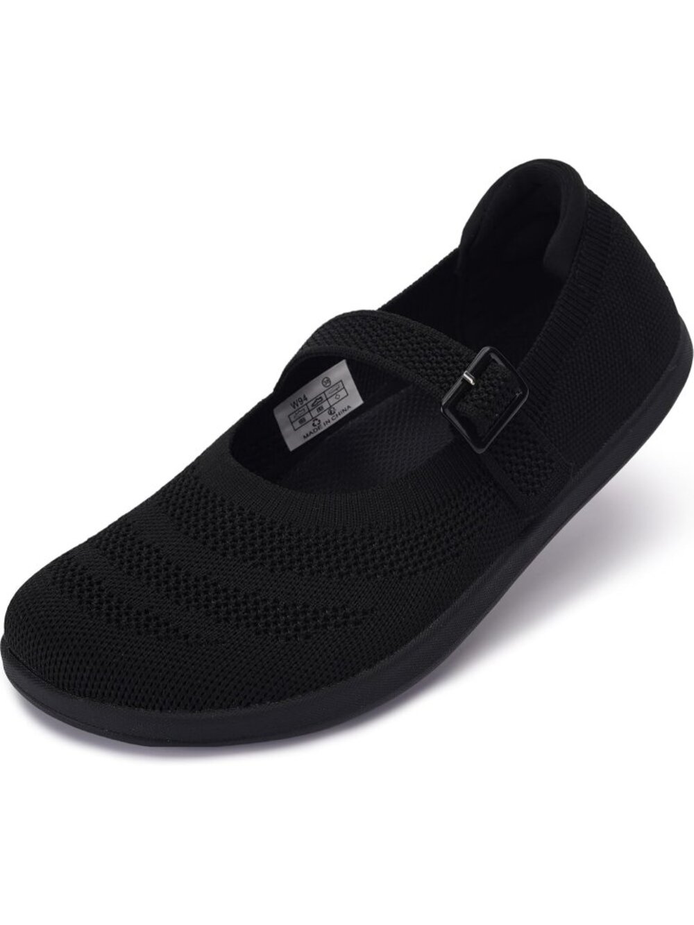 Women's Black Knit Mary Jane Wide Toe Box Zero Drop Sole Adjustable Straps Flats